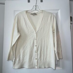 LOFT Cream V-Neck Button Front Cardigan